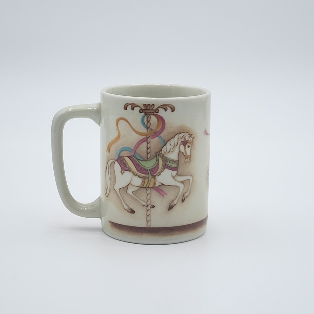 Vintage 1980s Otagiri Porcelain Coffee Mug Horses Carousel Cup Japan Whimsical
